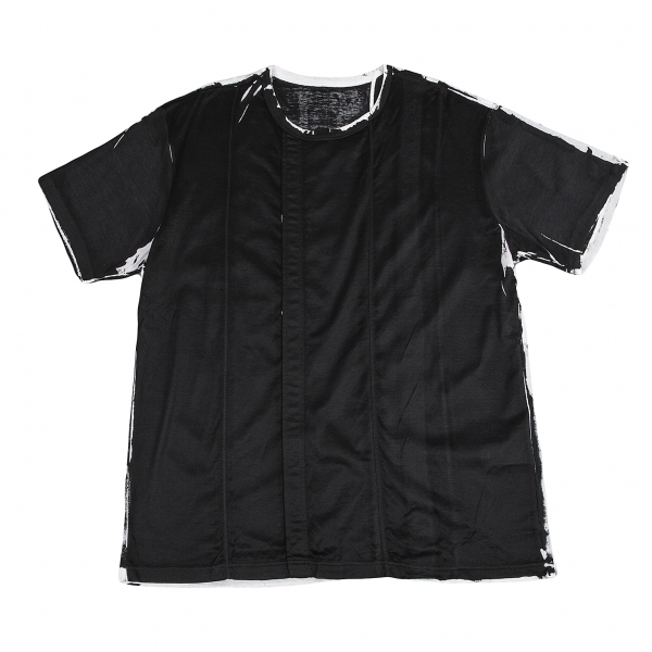 ヨウジヤマモト プールオムYohji Yamamoto POUR HOMME コットン天竺手刷り切替デザインTシャツ 黒白3