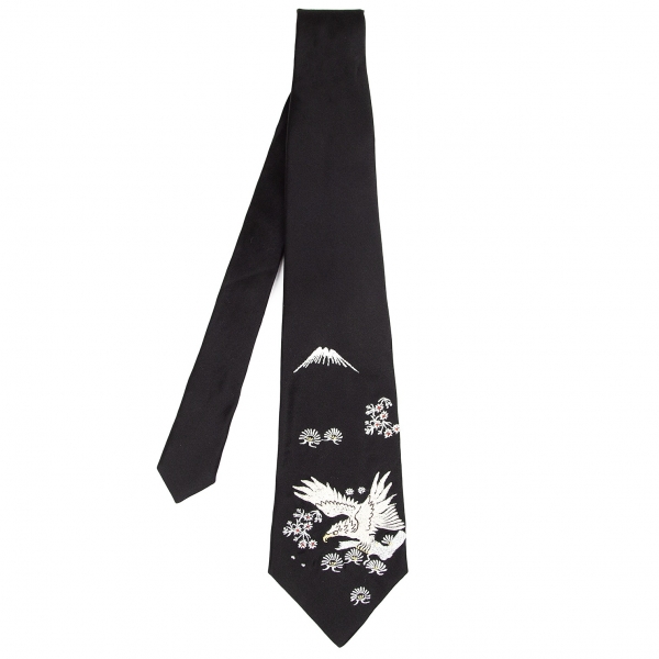 ヨウジヤマモト プールオムYohji Yamamoto POUR HOMME シルク富士鷹スカジャン刺繍ネクタイ 黒
