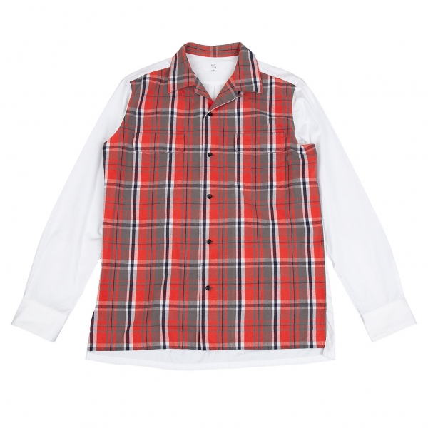  Y's for men Front Flannel Plaids Long Sleeve Shirt Red,White 3