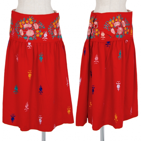 トリコ コムデギャルソンtricot COMME des GARCONS 花柄刺繍ウールラップスカート 赤M