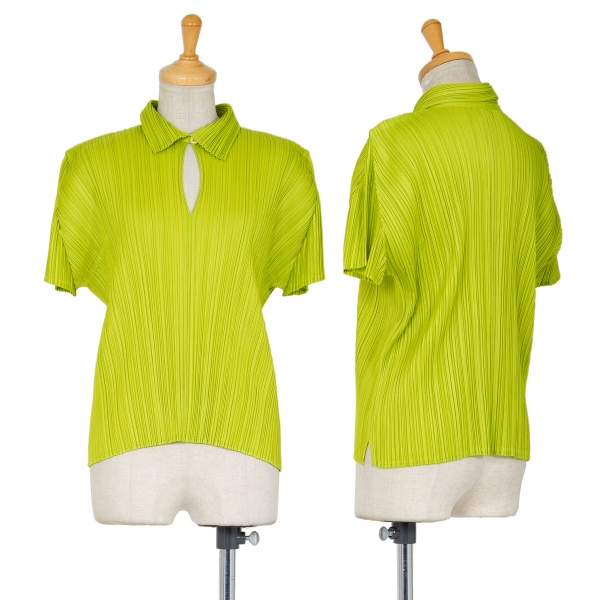 プリーツプリーズPLEATS PLEASE プリーツ半袖スキッパーシャツ 黄緑3