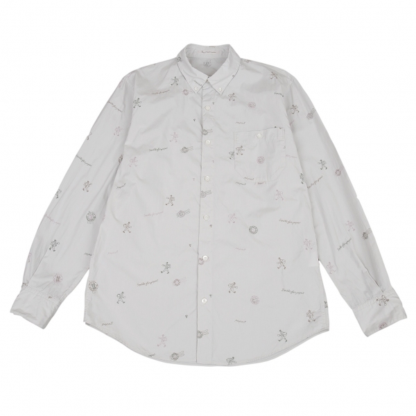 パパスPapas ステッチ刺繍総柄ボタンダウンシャツ ライトグレー48M