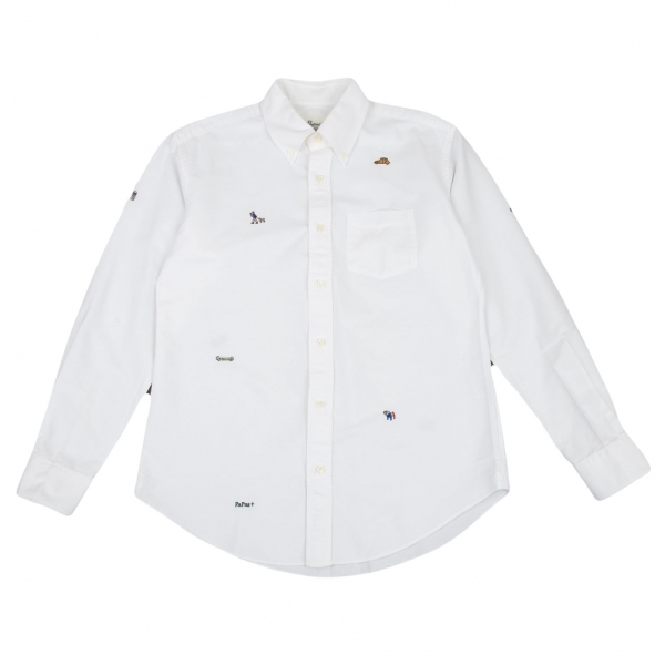 パパスプラスPapas+ コットンオックスフォードマルチ刺繍ボタンダウンシャツ 白M