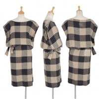  ISSEY MIYAKE Linen Blended Plaids Wrap Design Dress Beige,Navy 9
