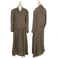  Y's Linen Shawl Lapel Jacket & Tuck Design Skirt Khaki S-M