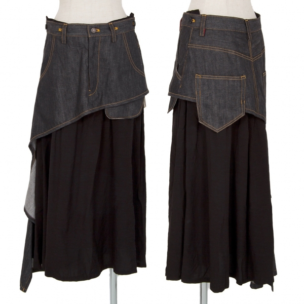 ワイズY's デニムレイヤードデザインスカート インディゴ黒1